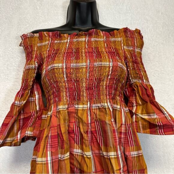 Zara Orange & Red Plaid Off the Shoulder Smoked Dress Size XS - Picture 4 of 11